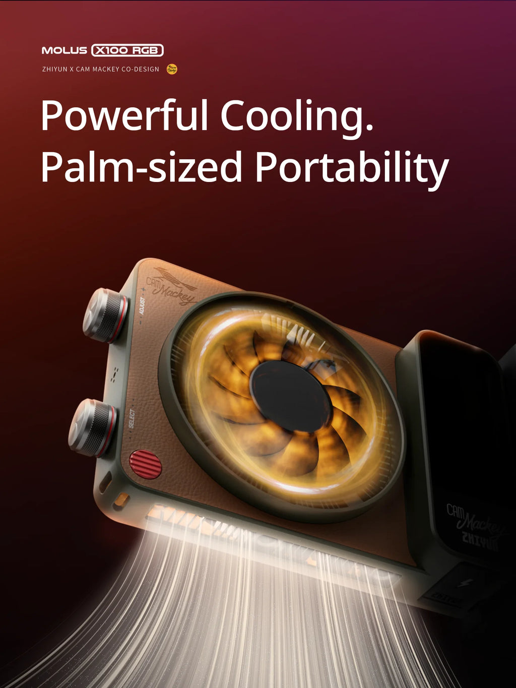 Molus X100 RGB palm-sized LED video light with a leather-textured finish, circular cooling fan, and adjustment knobs.