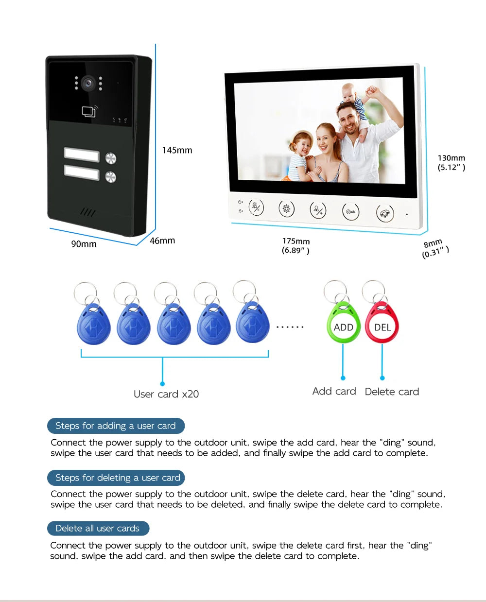 7-inch 4-line video doorbell intercom system, CVBS interface, 1-2 units, with night vision function, suitable for apartments
