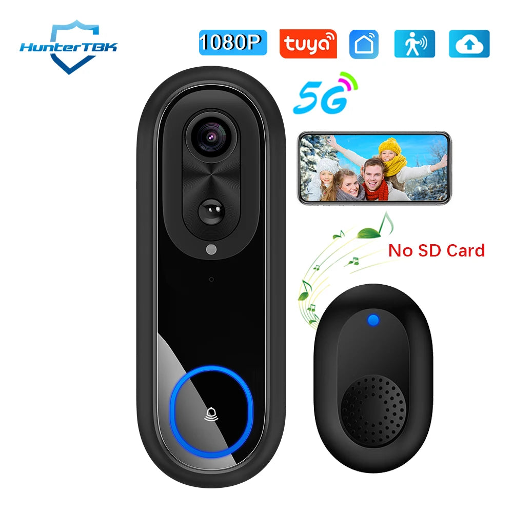 Black 5G video doorbell camera with wireless chime, showing No SD card