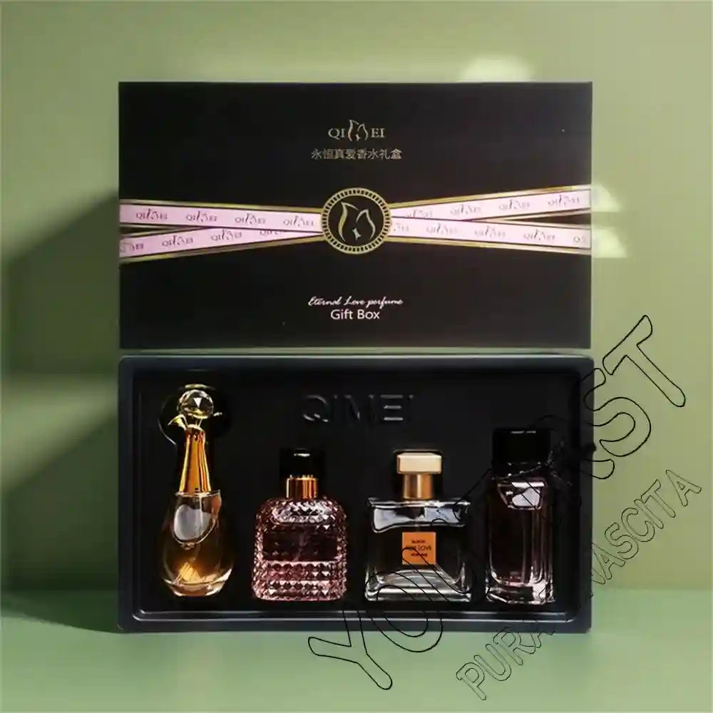 Eternal Love perfume gift set featuring four assorted glass fragrance bottles in a black presentation box.