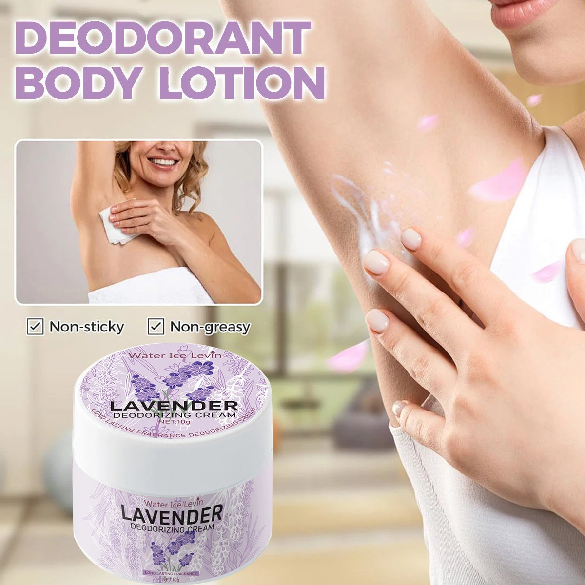 Lavender floral deodorant cream in a white jar, non-greasy texture for smooth, dry, and moisturized underarm skin.