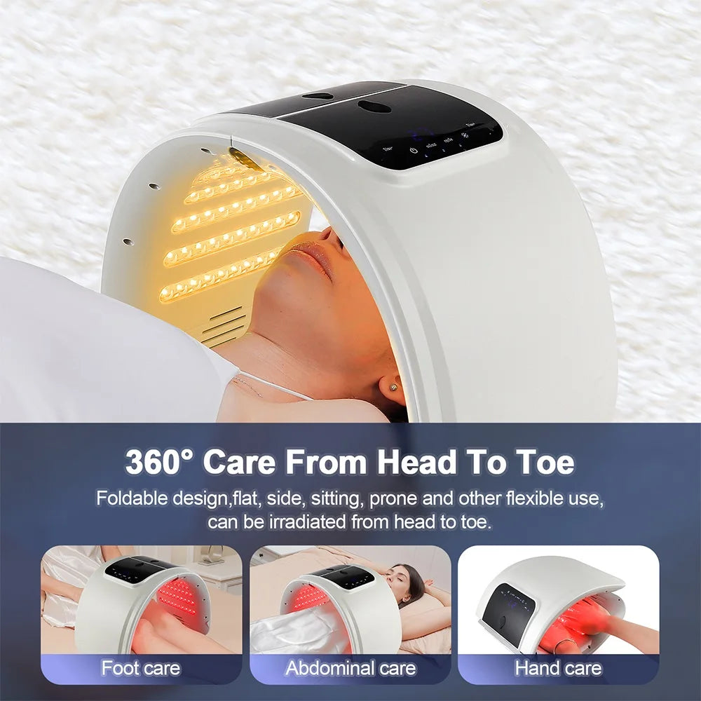White, arched LED light therapy device with internal yellow and red lights for full-body skincare and physical therapy.