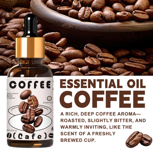 Amber glass essential oil bottle with gold cap, coffee scent for aromatherapy and home wellness.