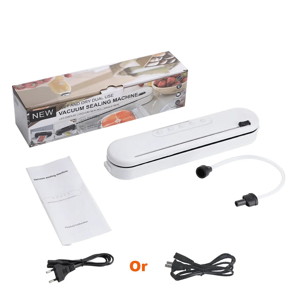 White vacuum food sealer with power cord, hose, and instruction papers