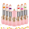 Crystal flower jelly lipsticks with gold flakes in pink vintage cases, long-lasting color-changing moisturizing lip balm.