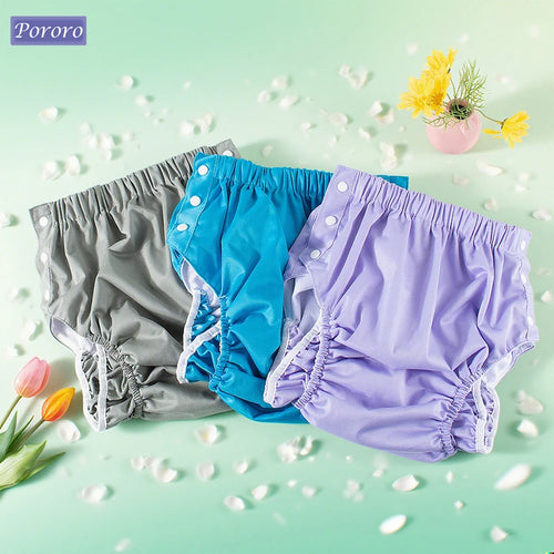 Pororo reusable baby cloth training diaper set, 3-pack in gray, blue, and purple with snap closures for toddlers.