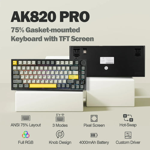 Ajazz AK820 Pro: 75% mechanical keyboard with grey-white keycaps, yellow accents, TFT screen, knob, and RGB lighting.