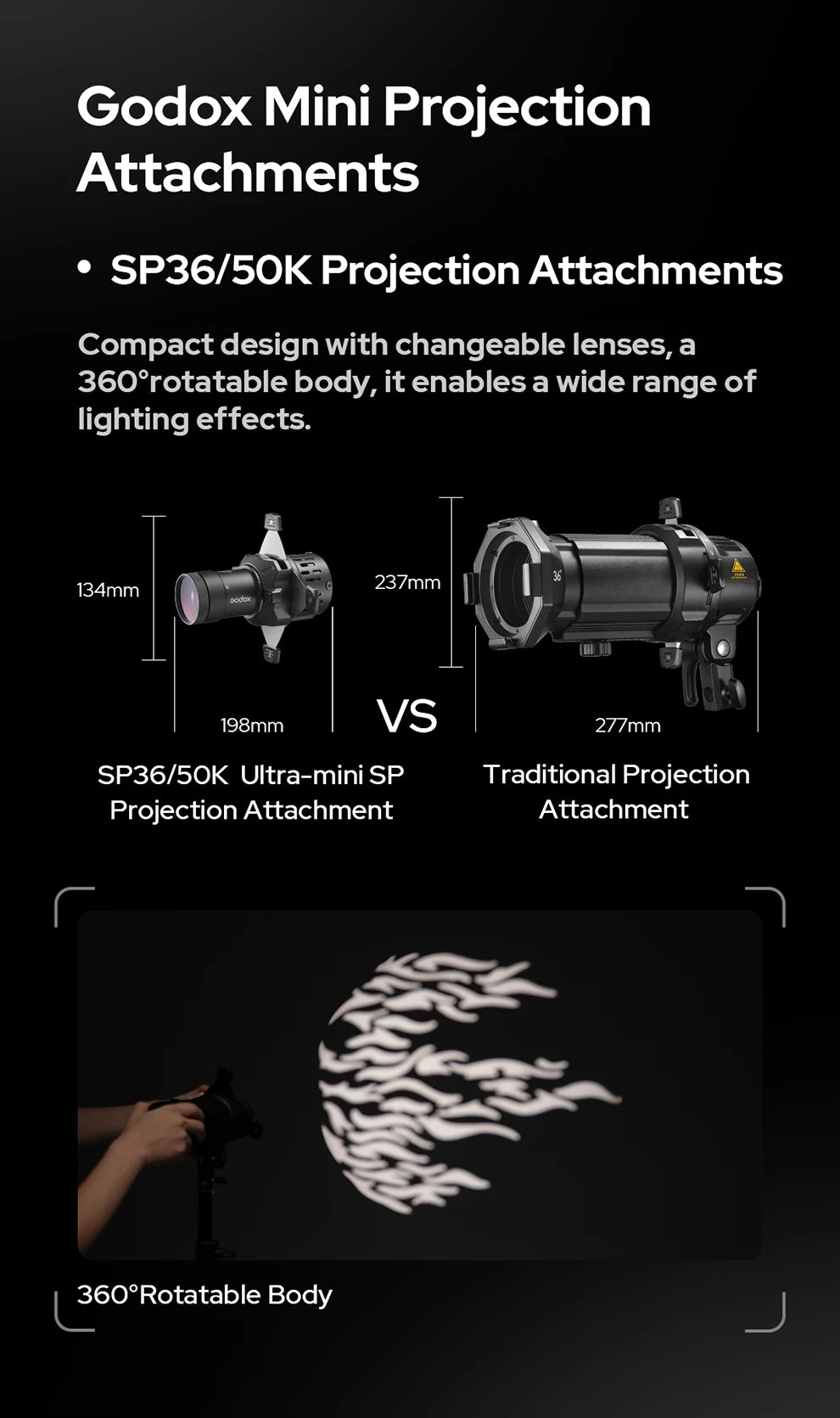 SP36/50K mini projection attachment, a black cylindrical lighting tool with rotatable body and interchangeable lenses.
