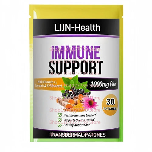LIJN-Health elderberry immune support 1000mg transdermal patches, 30 count, in yellow and white packaging.