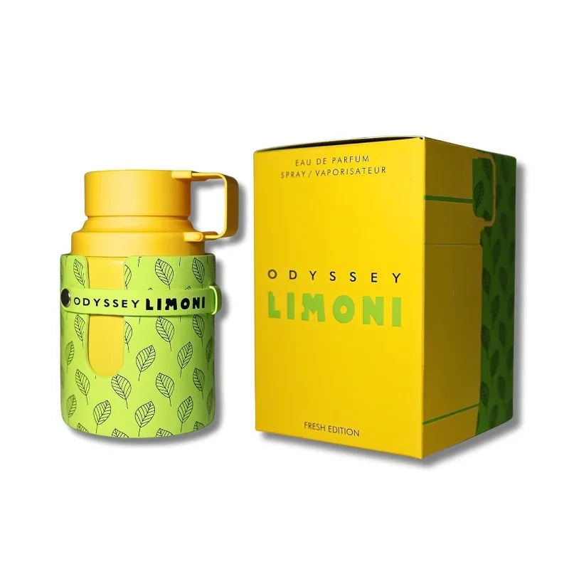 Armaf Odyssey Limoni Unisex Eau de Parfum, fresh citrus scent in a unique yellow and green leaf-patterned spray bottle.