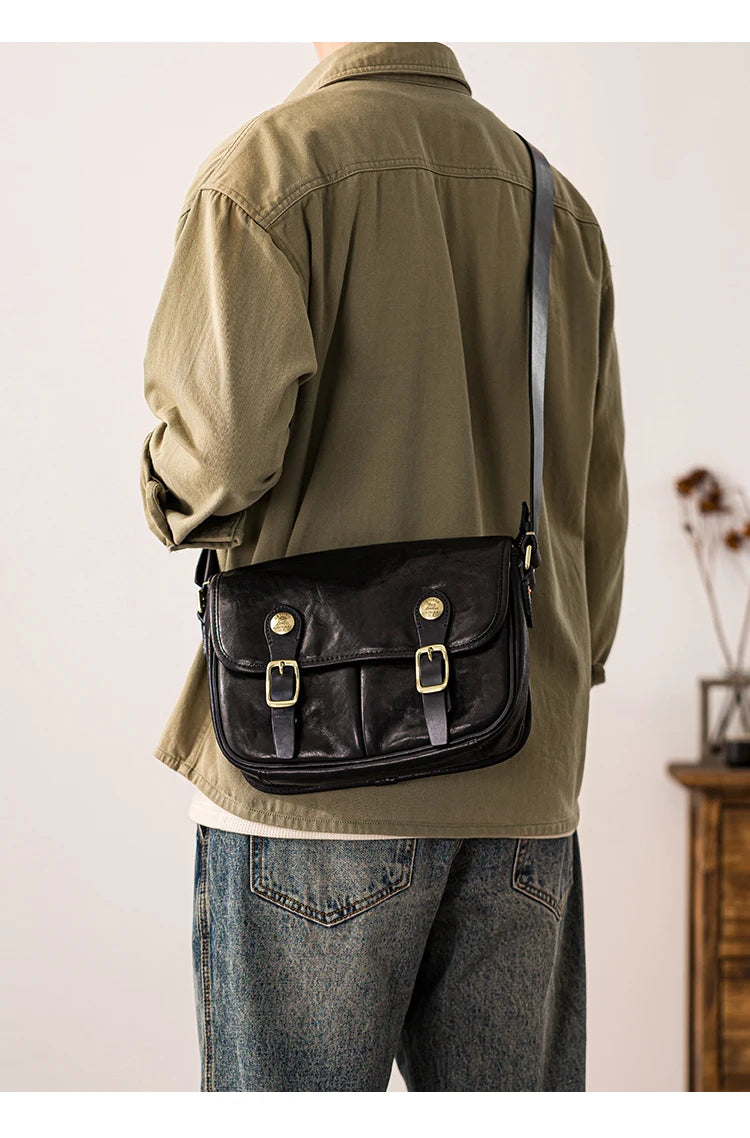 vintage designer handmade high-quality genuine leather men's messenger bag Outdoor casual cow leather work black shoulder bag