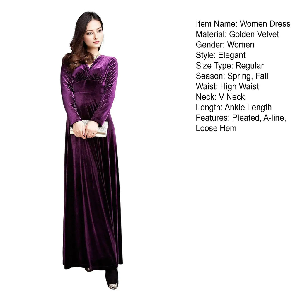 Vintage Women Autumn Long Sleeve V Neck Pleated Velvet Banquet Party Maxi Dress Party Wedding Elegant Evening dress 