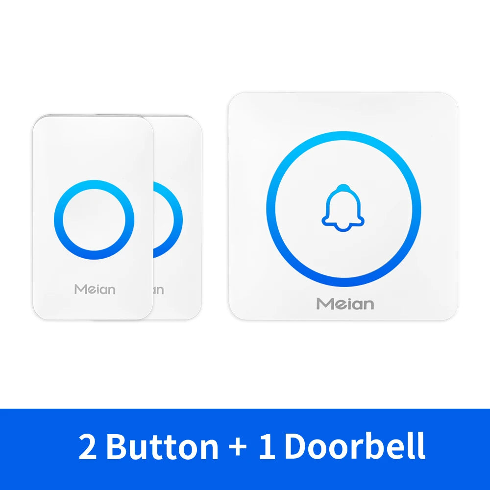 Wireless doorbell receiver and buttons kit, white with blue doorbell ring and bell icon