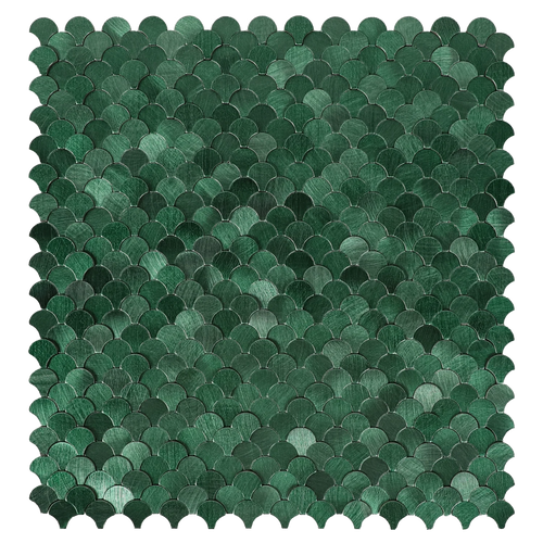 Green fan-shaped mosaic peel-and-stick backsplash tiles with raised scallop scales pattern