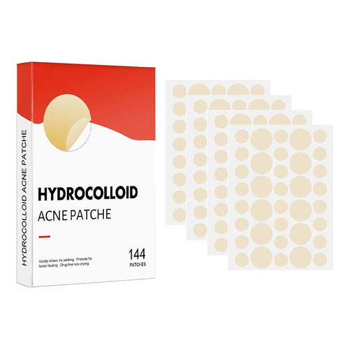 Hydrocolloid acne patch set, 144 beige patches on peel sheets and boxed packaging