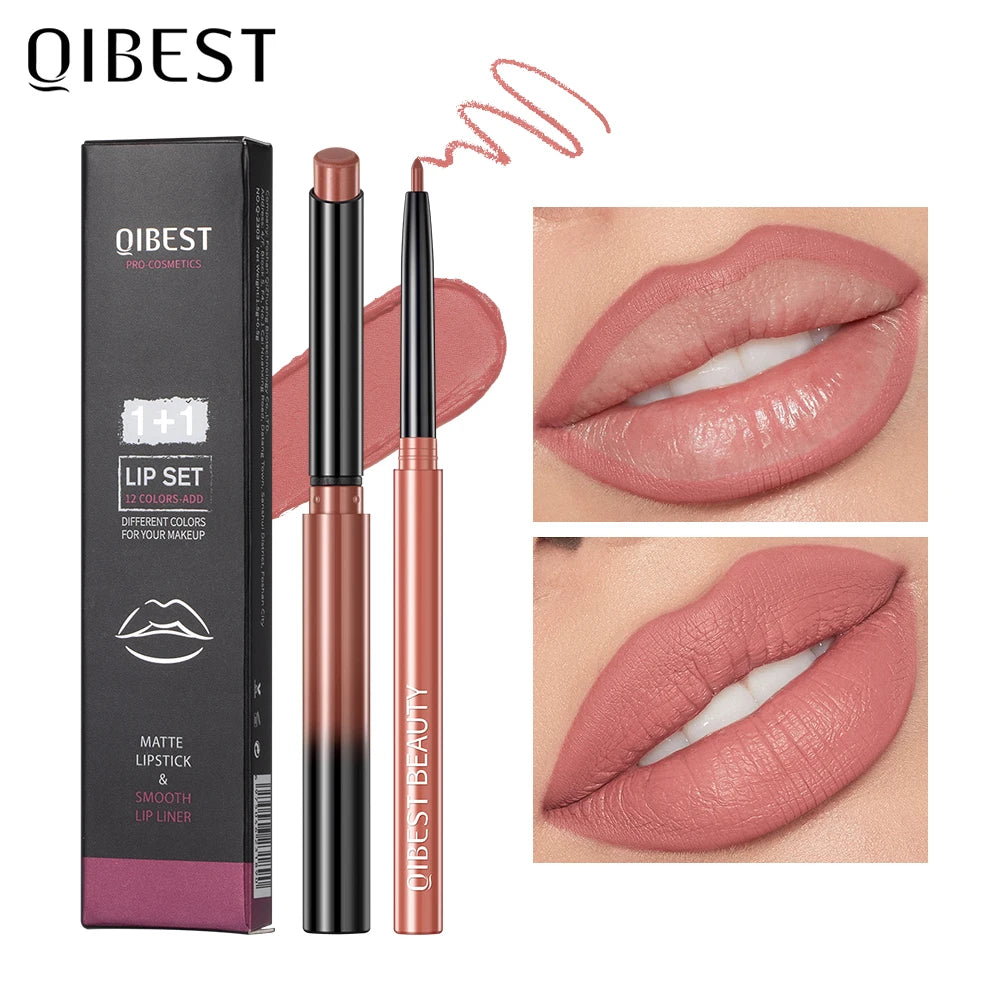QIBEST matte nude lipstick and lip liner set, featuring a waterproof, long-lasting pinkish-nude finish on lips.