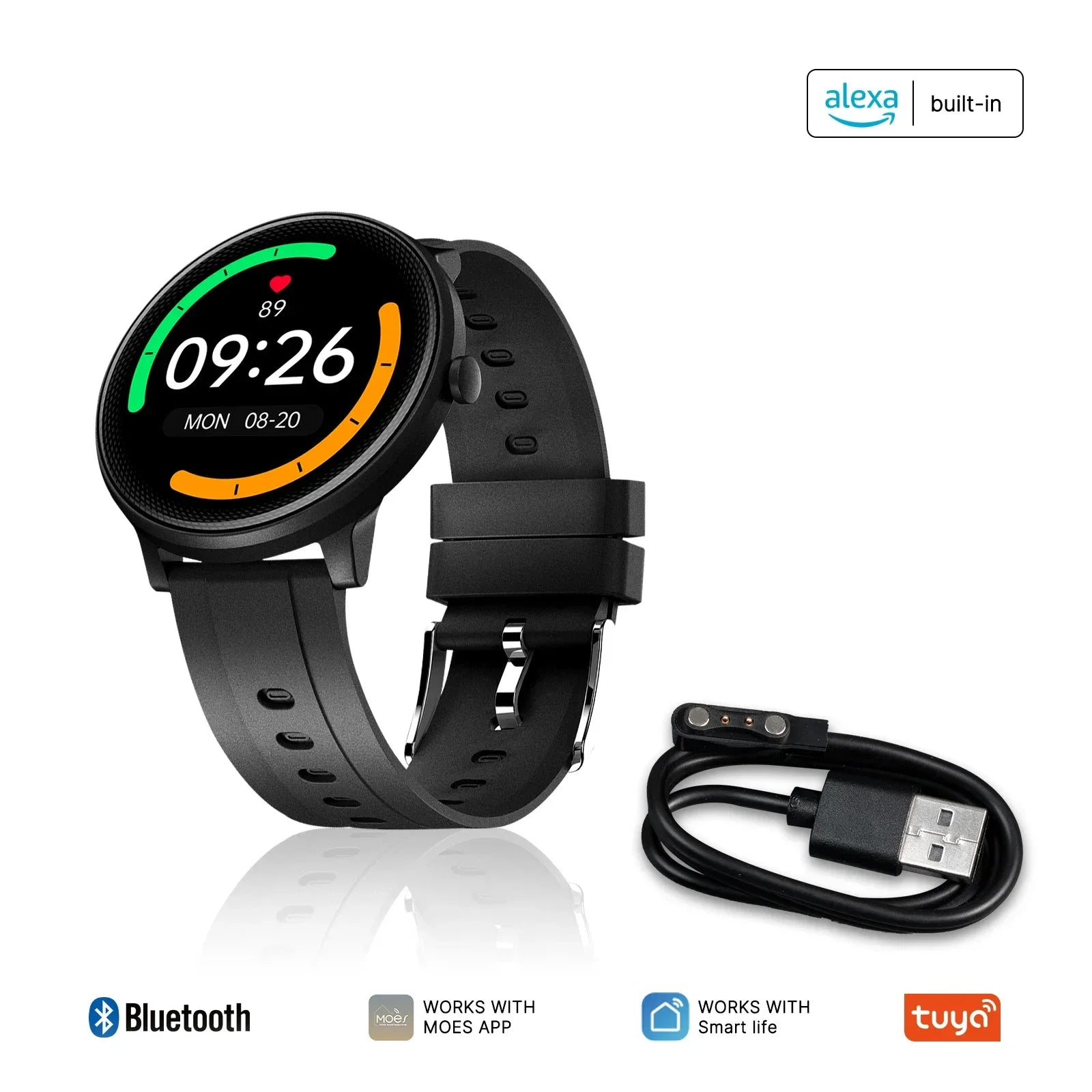 MOES Smart Watch Alexa Built-in Fitness Tracker Heart Rate and Two Dial Styles Blood Oxygen Monitor, IP68 Waterproof Touchscreen