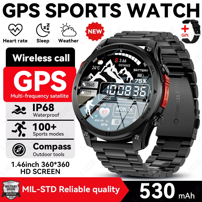 Black GPS sports smartwatch with link bracelet, round case, and 1.46 in HD screen.