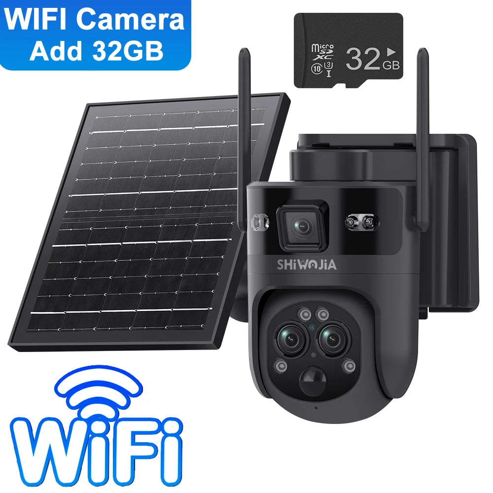 Black outdoor solar security camera with WiFi, three lenses, and solar panel plus 32GB TF