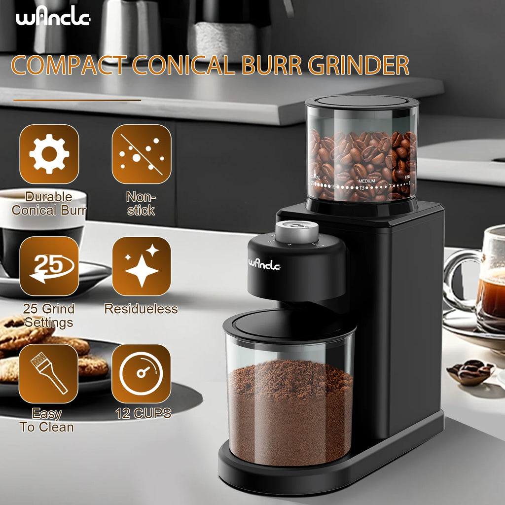 Winclae compact black conical burr coffee grinder with 25 settings and 12-cup capacity clear storage container.