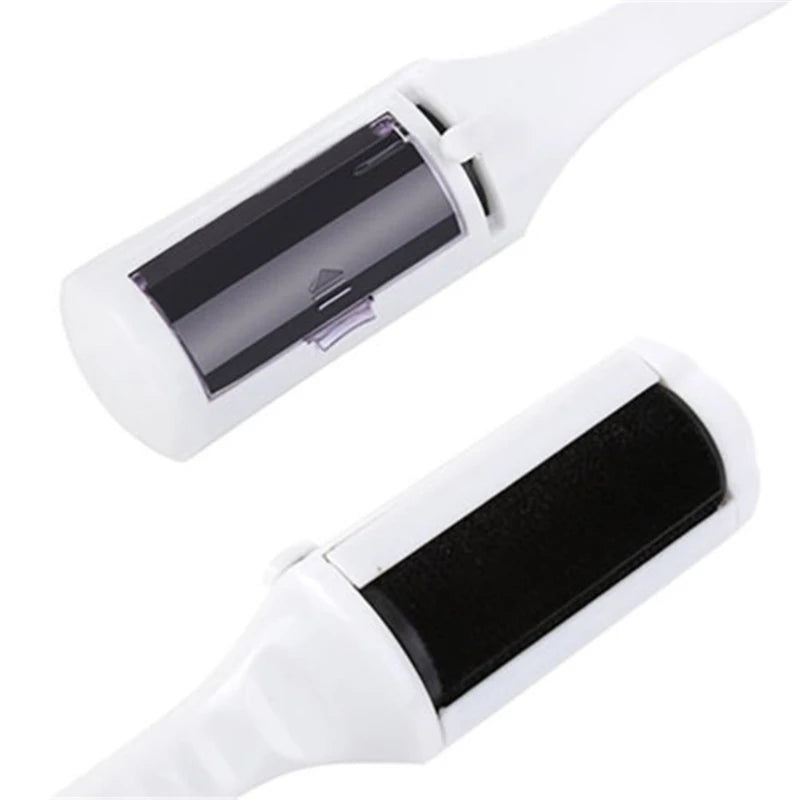 White self-cleaning lint remover brush for removing dog and cat hair from clothes and furniture.