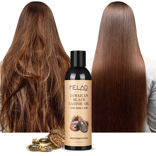 Melao Jamaican Black Castor Oil for hair wellness, in a black bottle with tan label, promoting shiny, healthy hair.