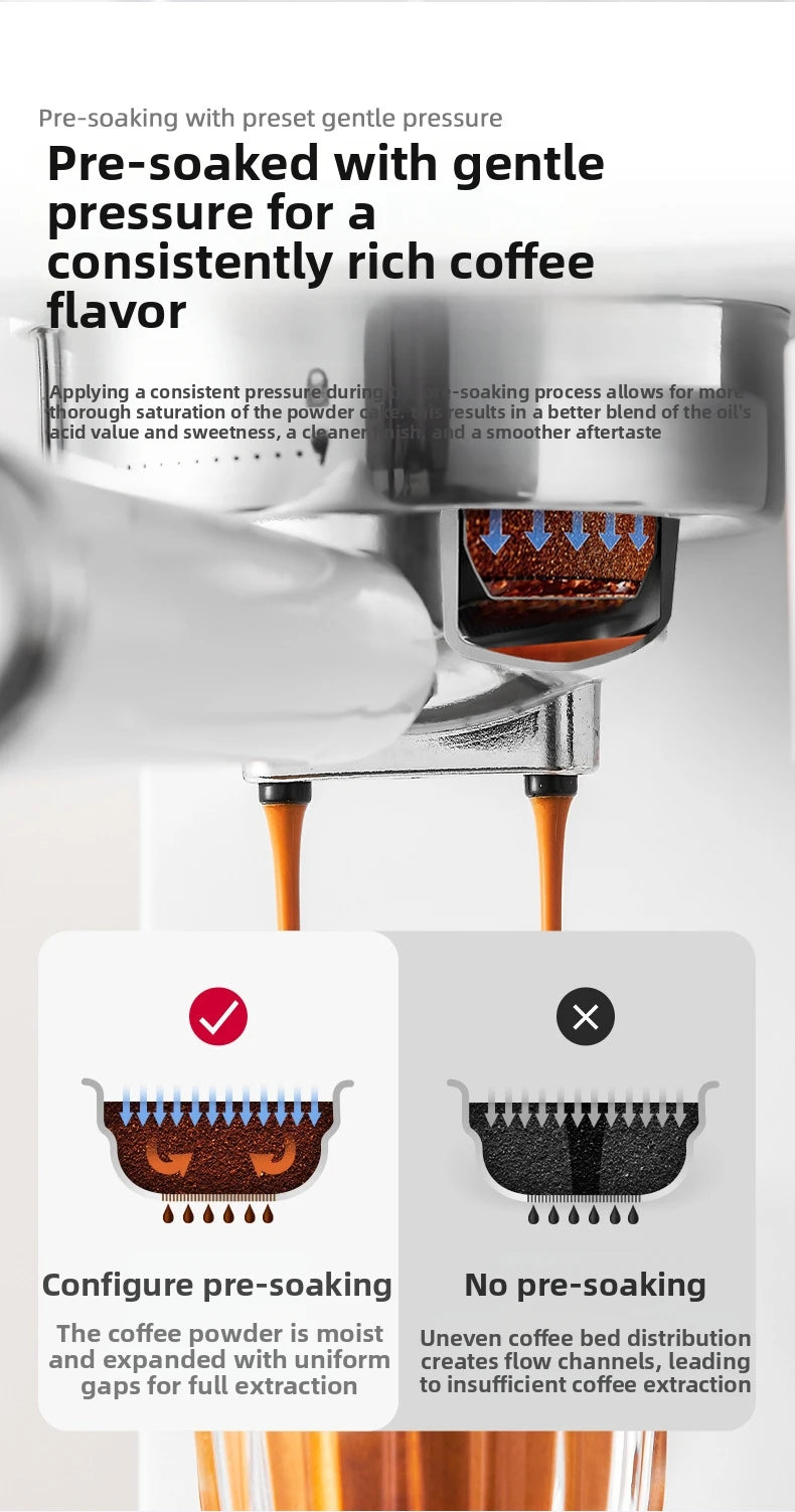 Stainless steel espresso machine portafilter showing pre-soaking extraction process with rich coffee crema flow.