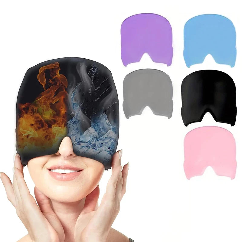 Woman wearing fire and ice migraine relief gel cap, with color options of purple, blue, grey, black, and pink hats.