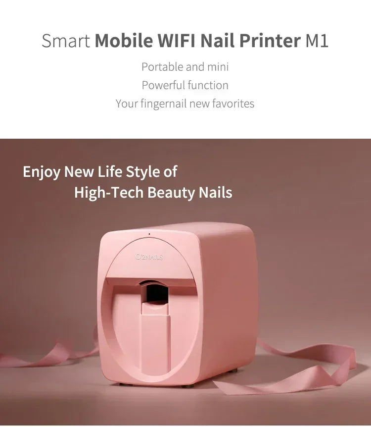 Pink portable smart 3D nail printer for home and salon, featuring WiFi mobile nail art painting technology.