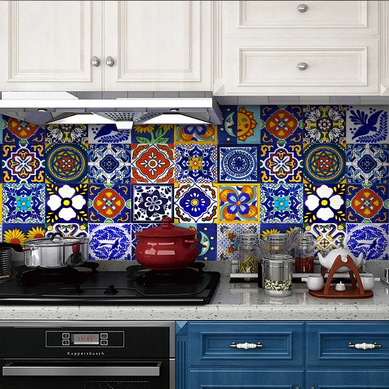 24pc Tile Stickers 4x4in Peel and Stick Backsplash Bathroom Waterproof Tile Stickers Colorful Mexican Tile Stick Home Decor