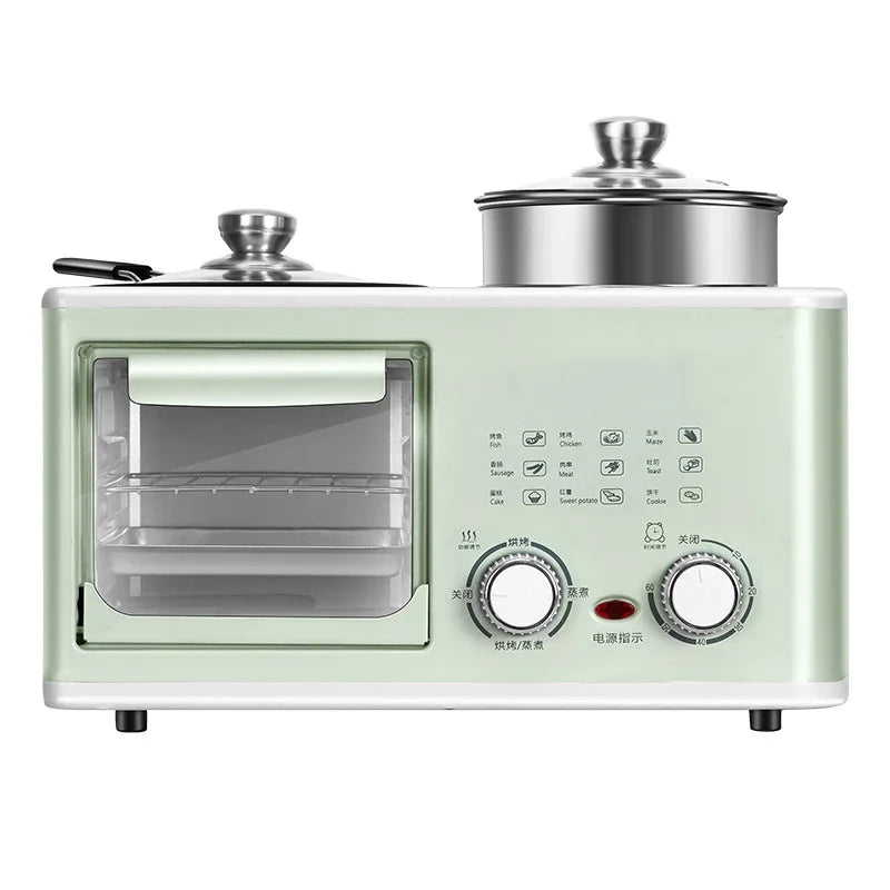 Mini 4-in-1 breakfast oven with light green body, open glass door, two cooking pots on top.