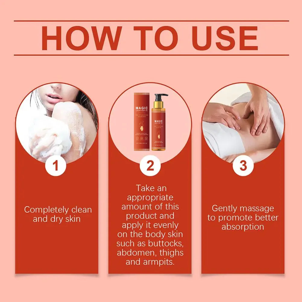 Three-step guide for Magic Luxury Body Oil featuring a pump bottle, cleaning skin, and massage application.