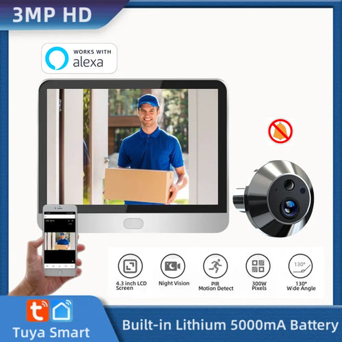 3MP smart door peephole camera kit with indoor monitor screen and silver outdoor lens