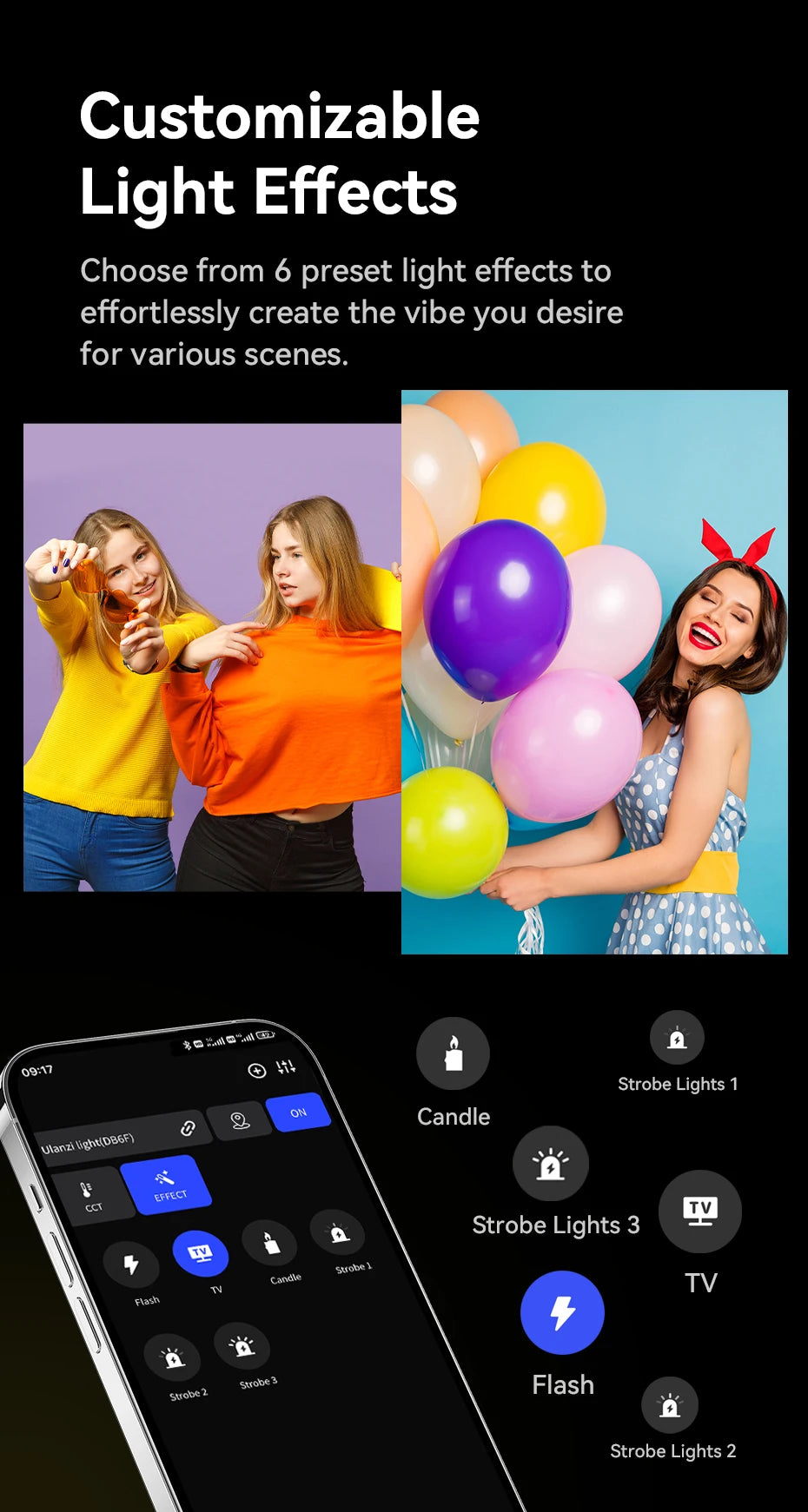 Smartphone app interface showing six customizable lighting effects for photography and video, including TV and strobe.