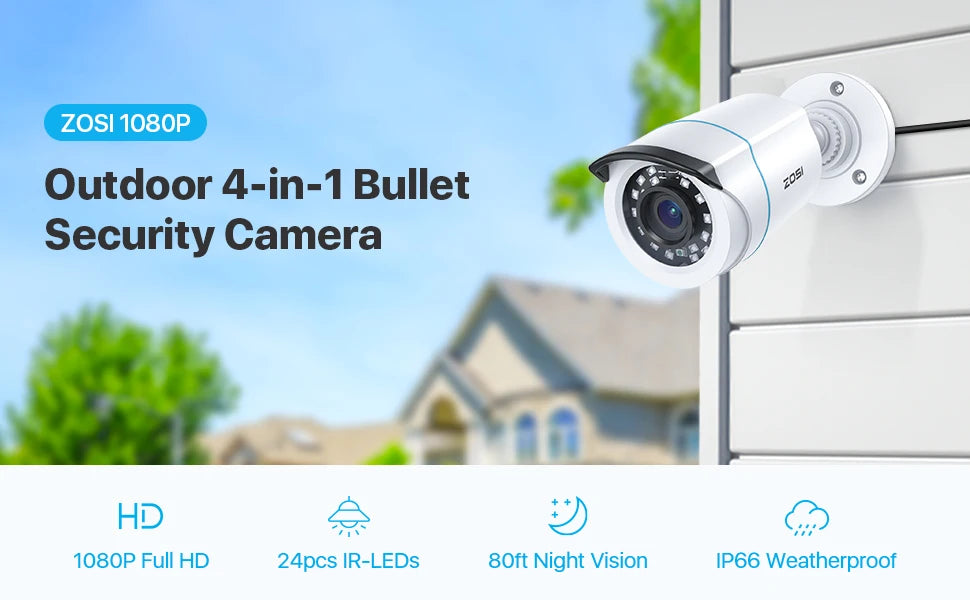 ZOSI HD 1080P 2MP H.265 4-in-1 CCTV Video Home Security IR Night Vision Weatherproof Bullet Camera for Surveillance System