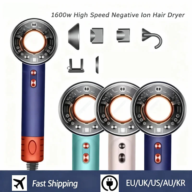 1600W professional leafless negative ion hair dryer with multiple magnetic attachments in blue, green, and pink colors.