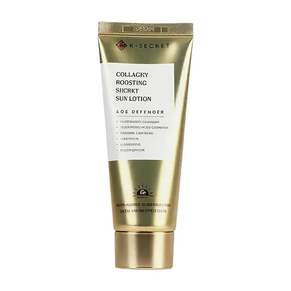 Sunscreen lotion tube, gold tube with white label and red K-SECRET logo