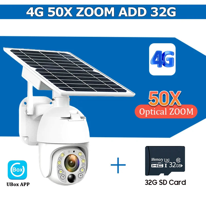 4G PTZ security camera with solar panel, white housing, 50x optical zoom, 32GB SD