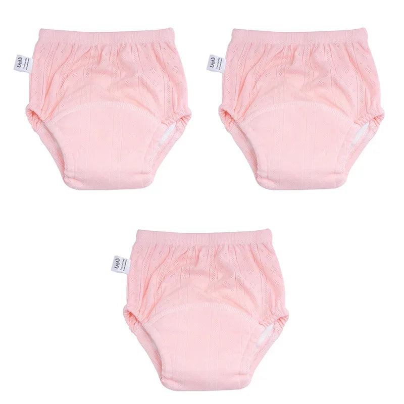 3-pack of pink cotton baby training diapers with textured knit design for absorbent baby care.