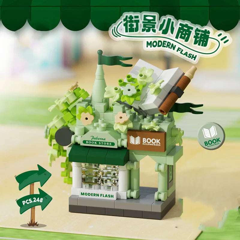 Miniature green book store building block set, 248 pieces, creative DIY construction toy for display or play.