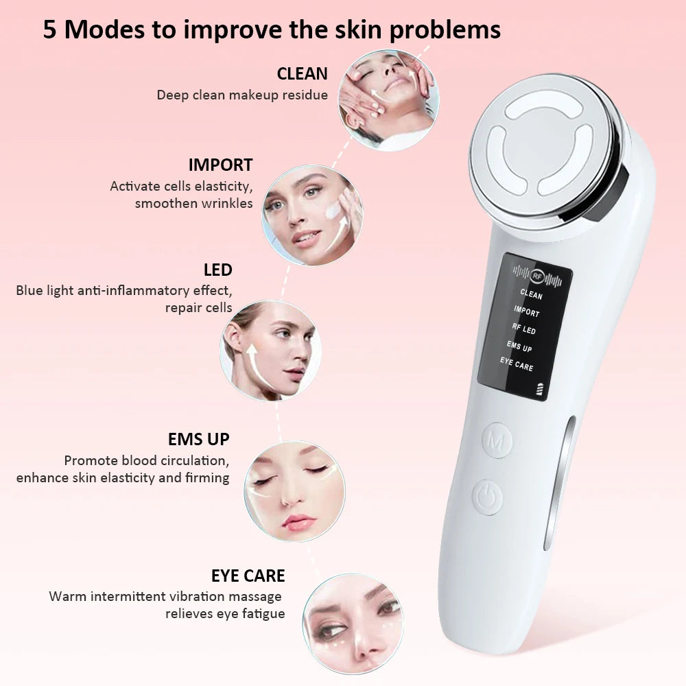 White handheld facial massager with a circular metal head, digital display, and five skin care modes.