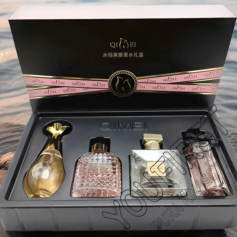 QIMEI women’s luxury 4-piece EDP perfume gift set featuring floral and fruity scents in elegant designer glass bottles.
