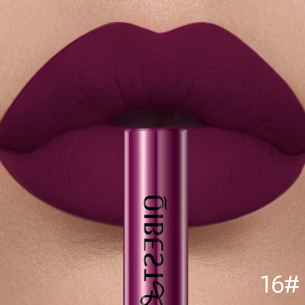 QIBEST deep burgundy velvet matte liquid lipstick on lips for a long-lasting, non-stick, full-coverage makeup look.