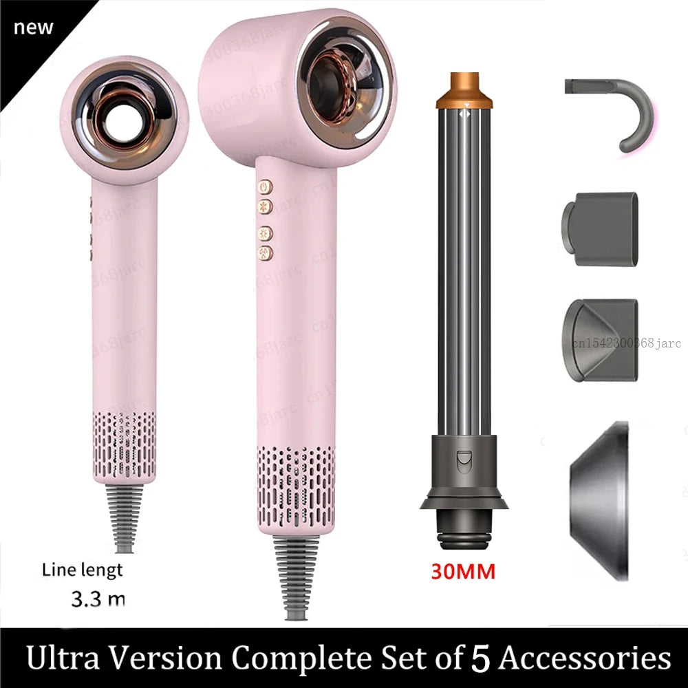 Pink leafless negative ion hair dryer with styling attachments and 3.3m cord for professional home hair care styling.