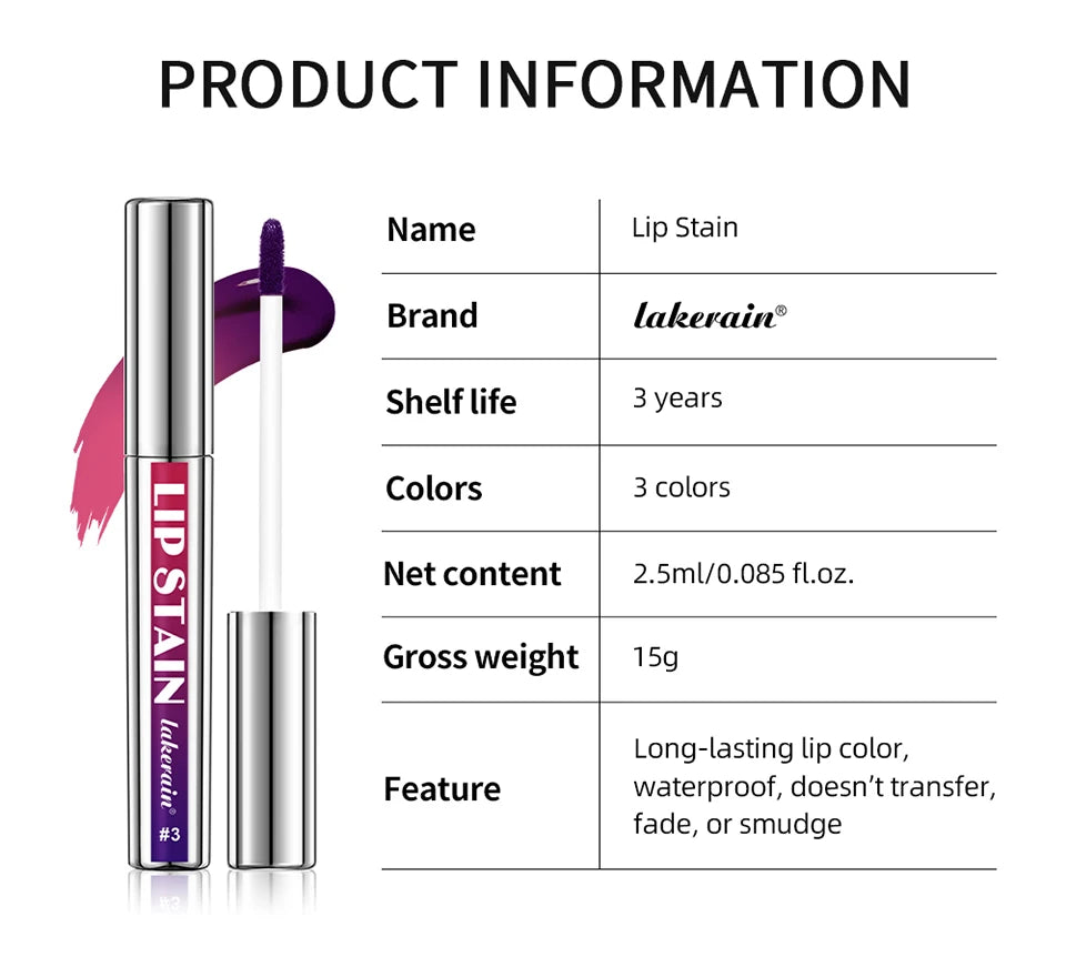 Lakerain waterproof peel-off lip stain with purple matte applicator, long-lasting smudge-proof lip makeup formula.