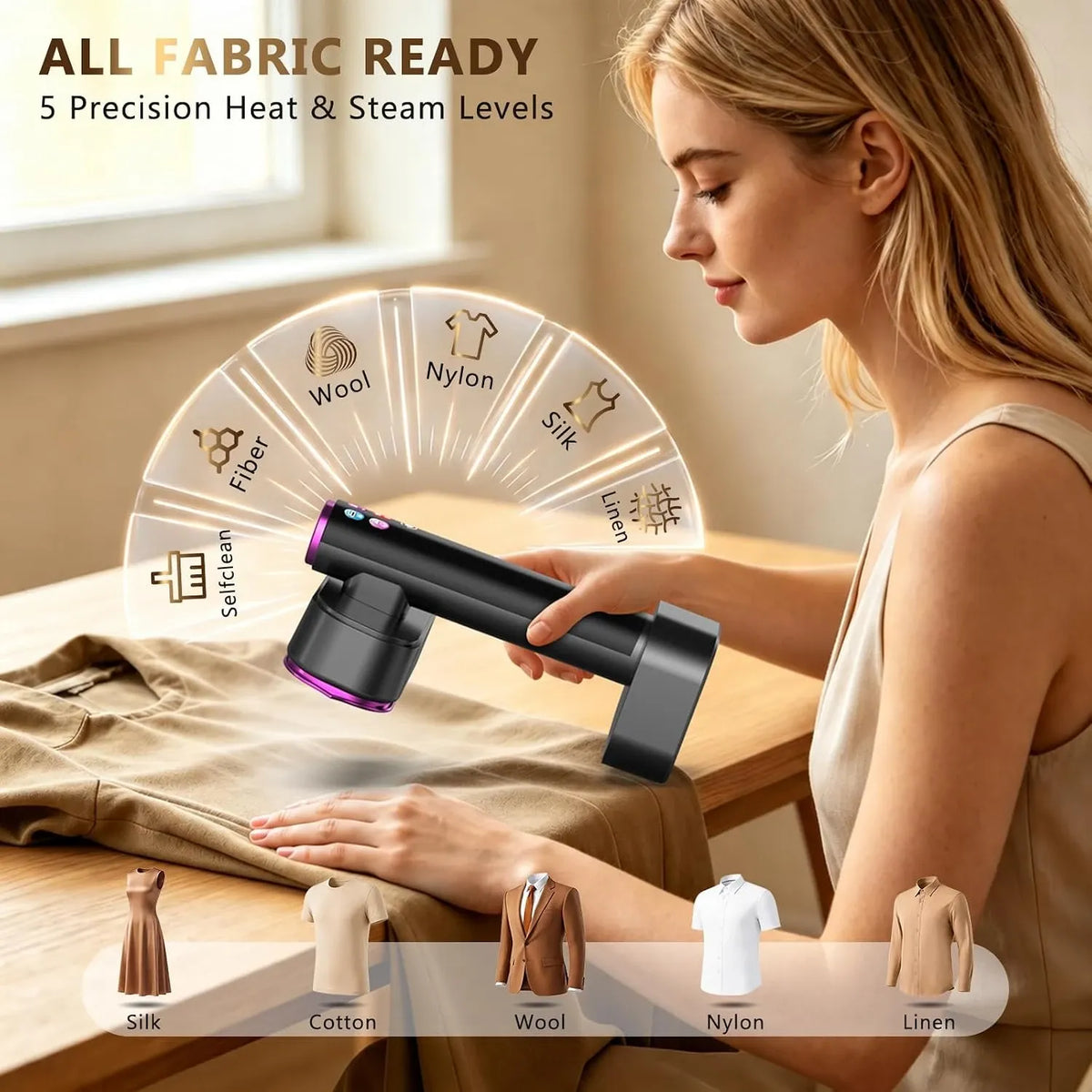 Handheld garment steamer with 5 fabric settings smoothing wrinkles on a shirt, ideal for silk, wool, and linen.