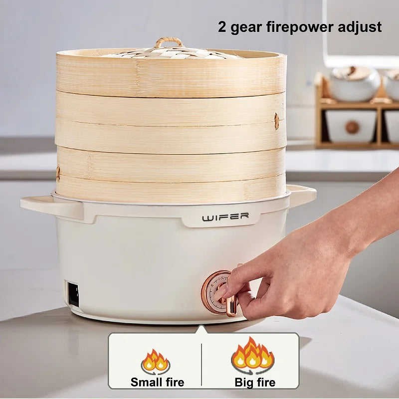2.2L double-layer bamboo steamer electric cooking pot with rotary heat control and handles