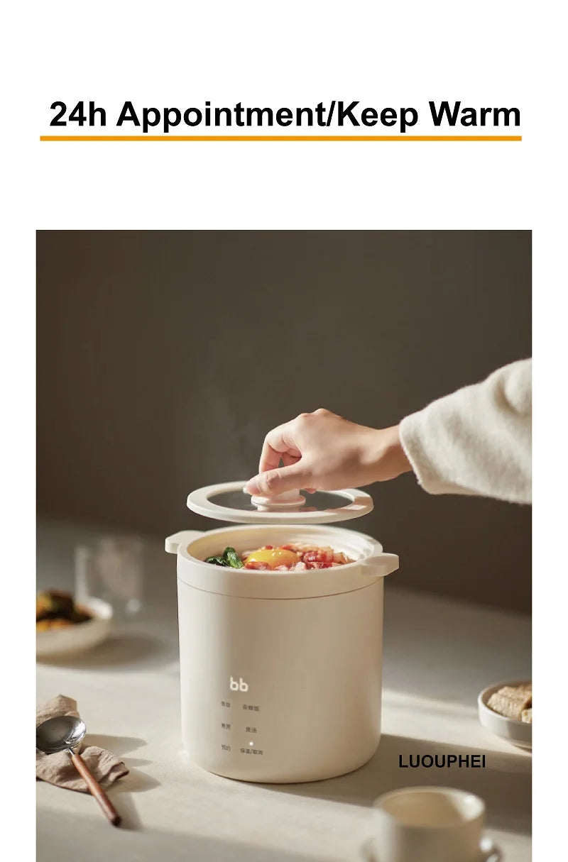 White electric lunch rice cooker with keep-warm lid, small countertop appliance