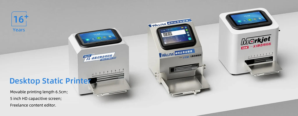 Desktop static inkjet printer with 5-inch HD capacitive screens on three units