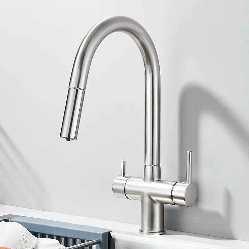 Pure Water Filter Kitchen Faucet Pull Out Flexible Kitchen Faucets Dual Handle Stainless Steel 2 in 1 Hot Cold Water Mixer Tap